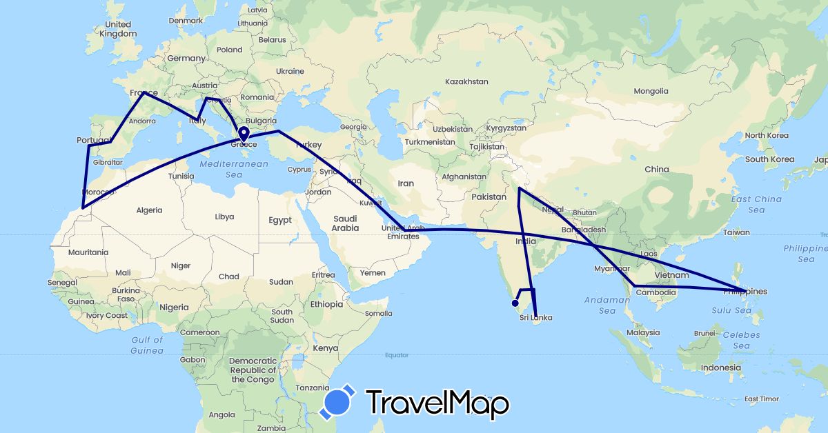 TravelMap itinerary: driving in United Arab Emirates, Spain, France, Greece, Croatia, India, Italy, Sri Lanka, Morocco, Montenegro, Nepal, Philippines, Portugal, Slovenia, Thailand, Turkey (Africa, Asia, Europe)